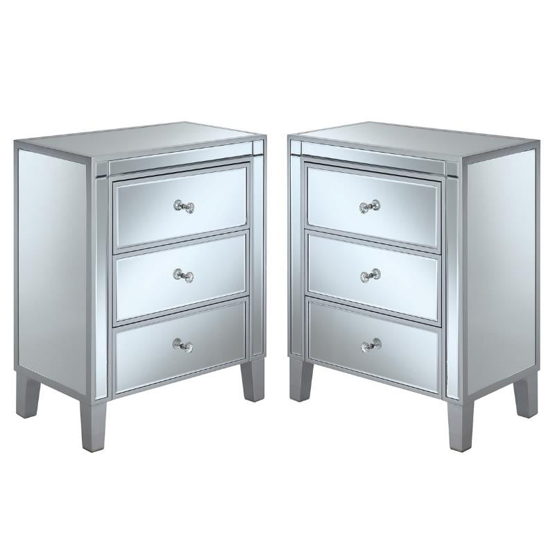 Home Square 3-Drawer Chest in Mirrored Glass and Silver - Set of 2