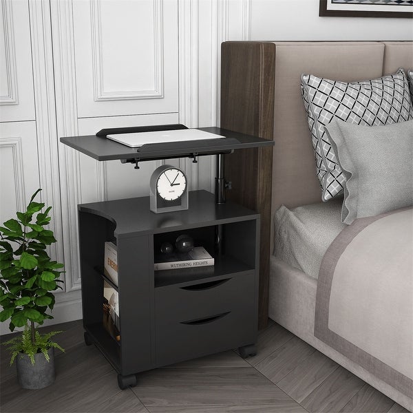 Height Adjustable Overbed End Table Wooden with Swivel Top， Black