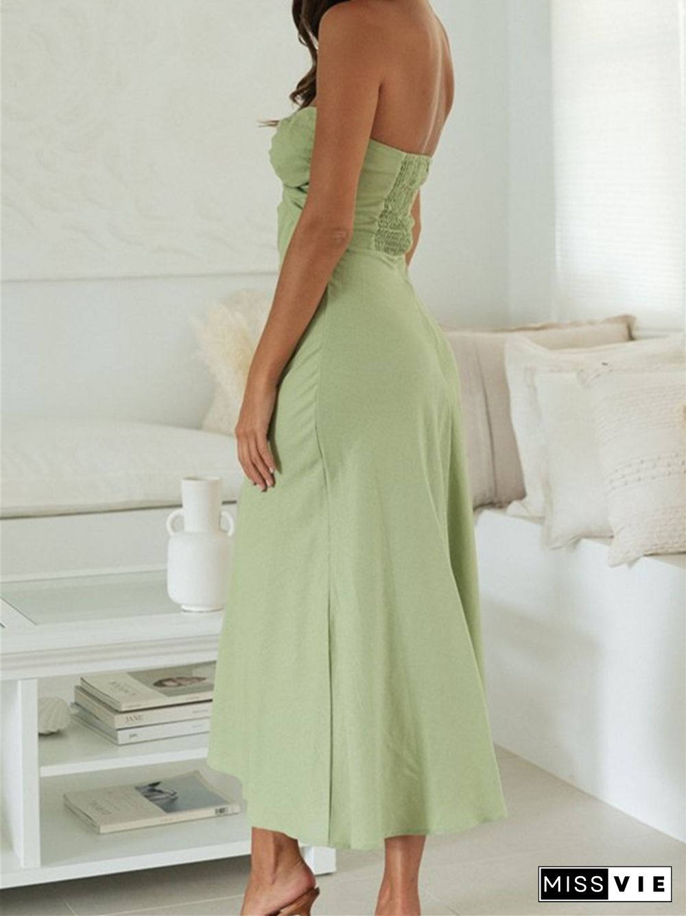 Solid Strapless Backless Waist Long Dress