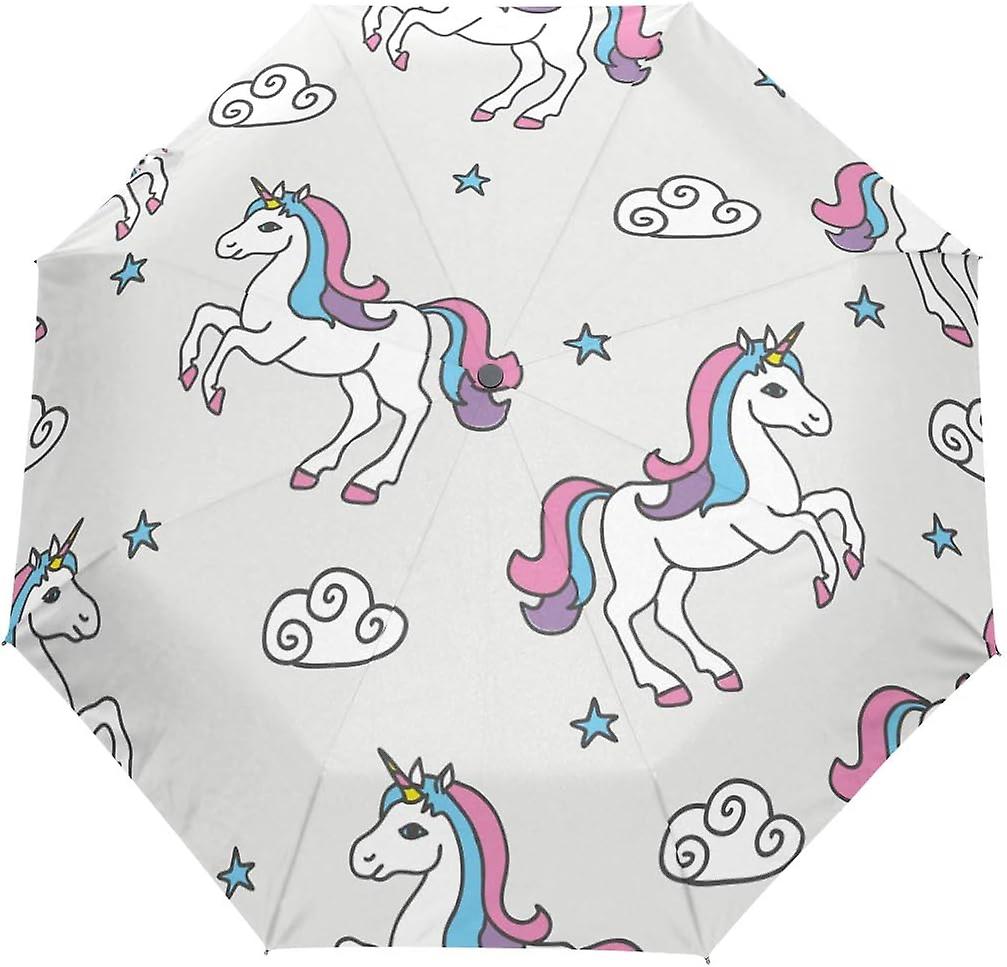 Travel Umbrella Automatic Windproof Foldable Umbrella Unicorns And Stars Clouds