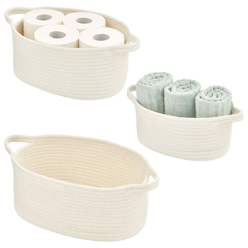 mDesign Casual Cotton Rope Woven Bathroom Storage Basket with Handles， Set of 3