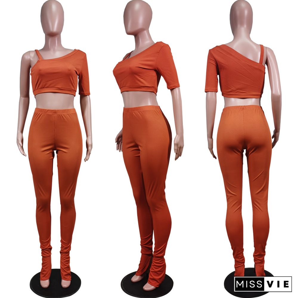 Summer Clothing Solid Color One Shoulder Short Sleeve Crop Top Stretchy Bodycon Long Pants Women 2 Piece Set