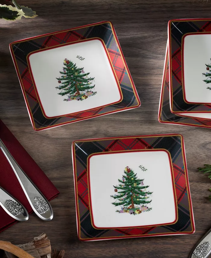 Spode Christmas Tree Tartan Square Tidbit Plates Set of 4