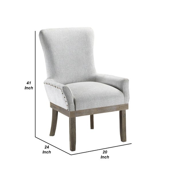 20 Inch Solid Wood Arm Chair， Nailhead Trim， Flared Track Arms， Gray