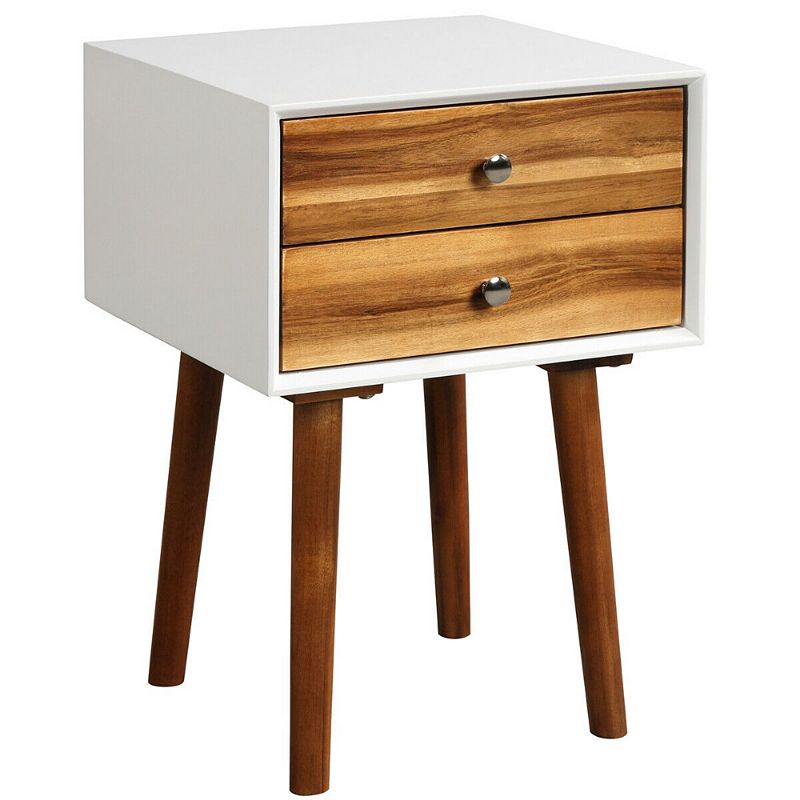 Wooden Nightstand Mid-Century End Side Table with 2 Storage Drawers