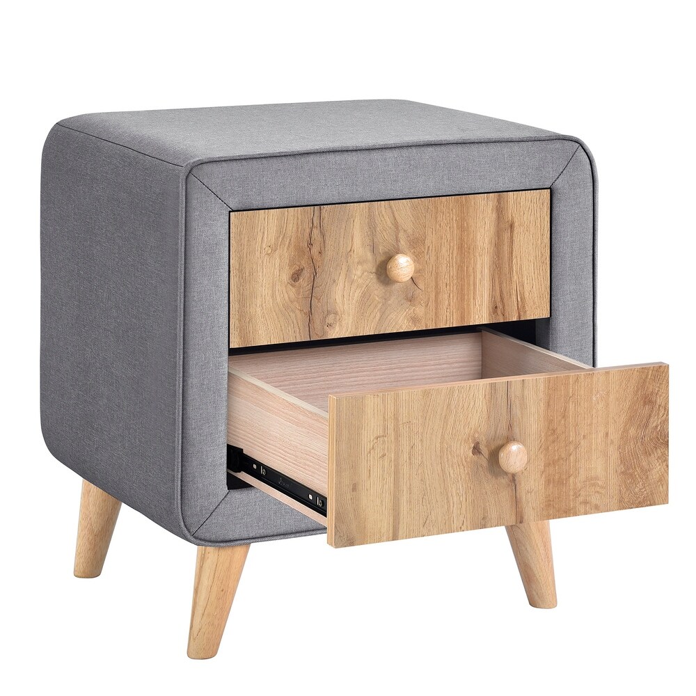 Upholstered Wooden Nightstand with 2 Drawers Fully Assembled Except Legs and Handles Bedside Table