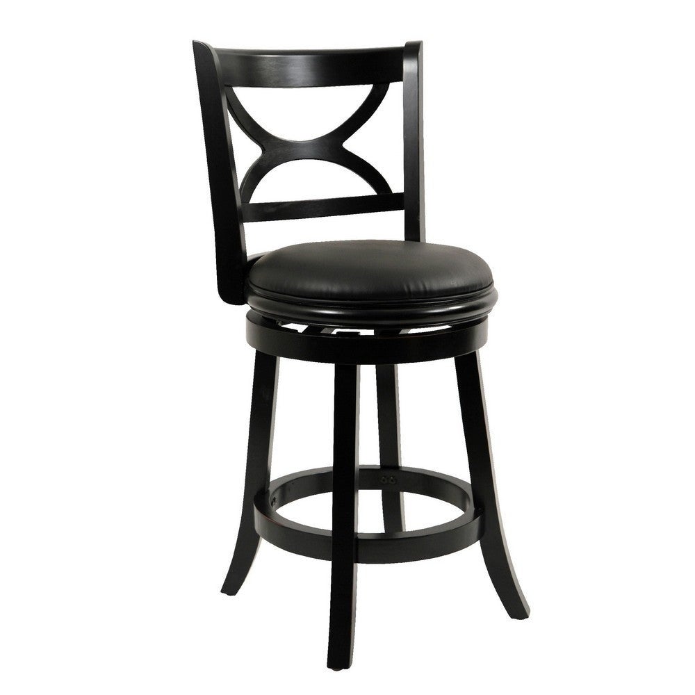 24 Inch Ava Solid Wood Swivel Counter Stool， Vegan Faux Leather， Black - 89 L X 35 W X 19 H Inches