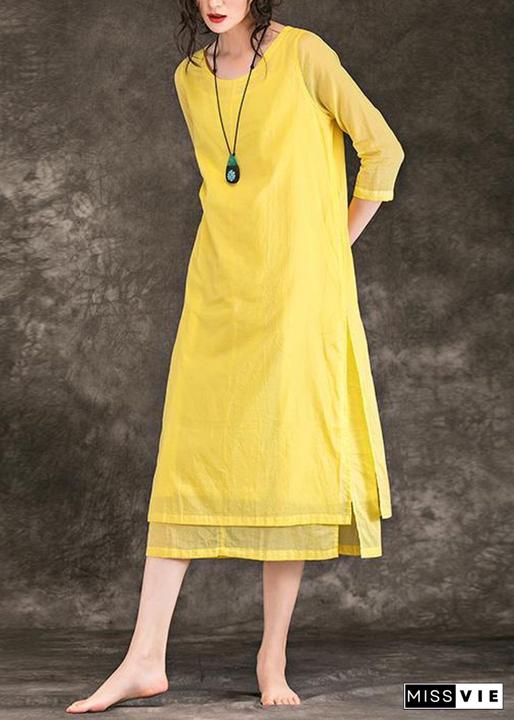 Bohemian yellow Cotton Long dress o neck patchwork Midi Summer Dresses