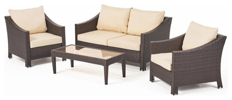 Noble House Antibes 4 PC Wicker Conversation Set in Multi Brown/Beige Cushions   Tropical   Outdoor Lounge Sets   by Homesquare  Houzz