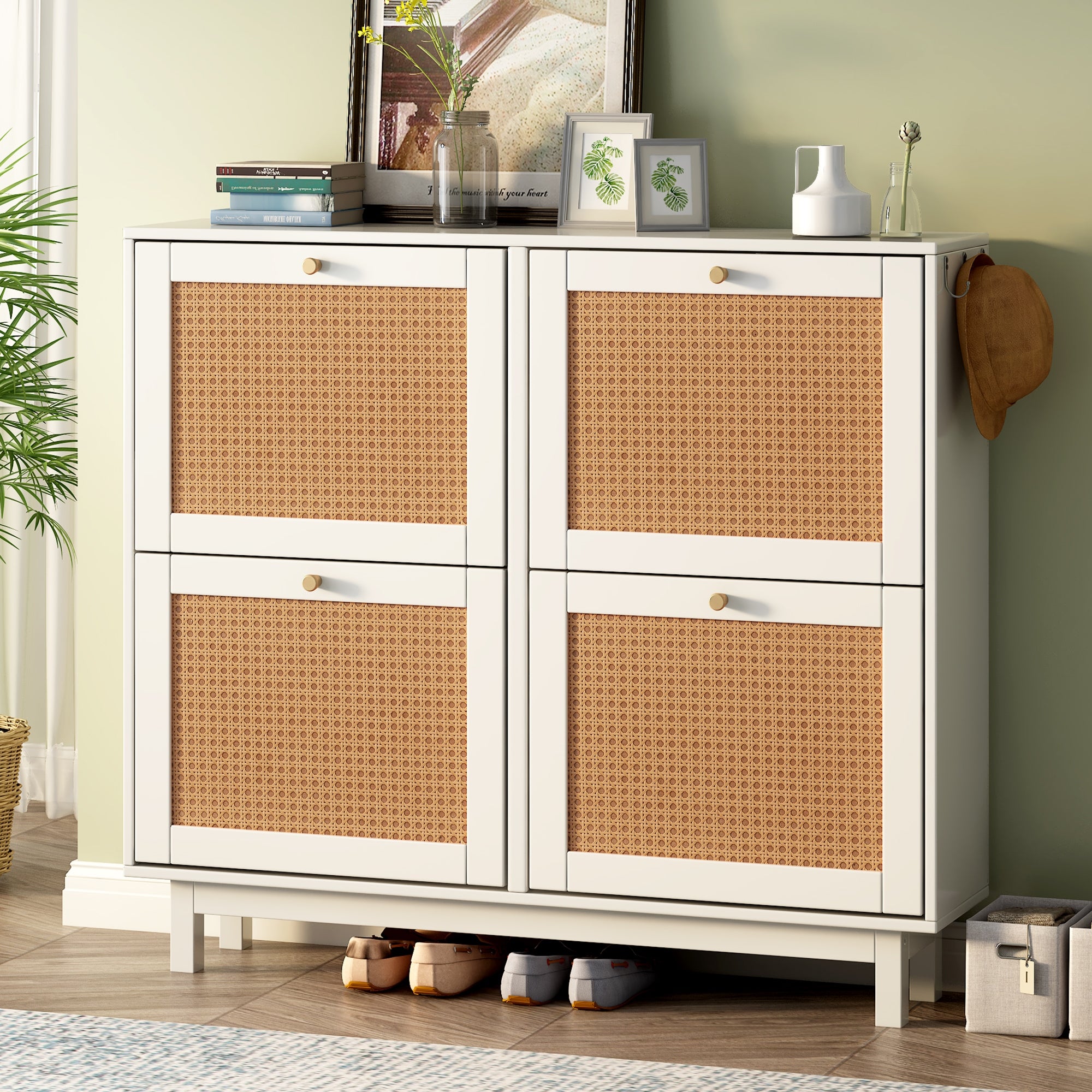 Boho White 2-Tier Entryway Shoe Cabinet with 4 Flip Drawers