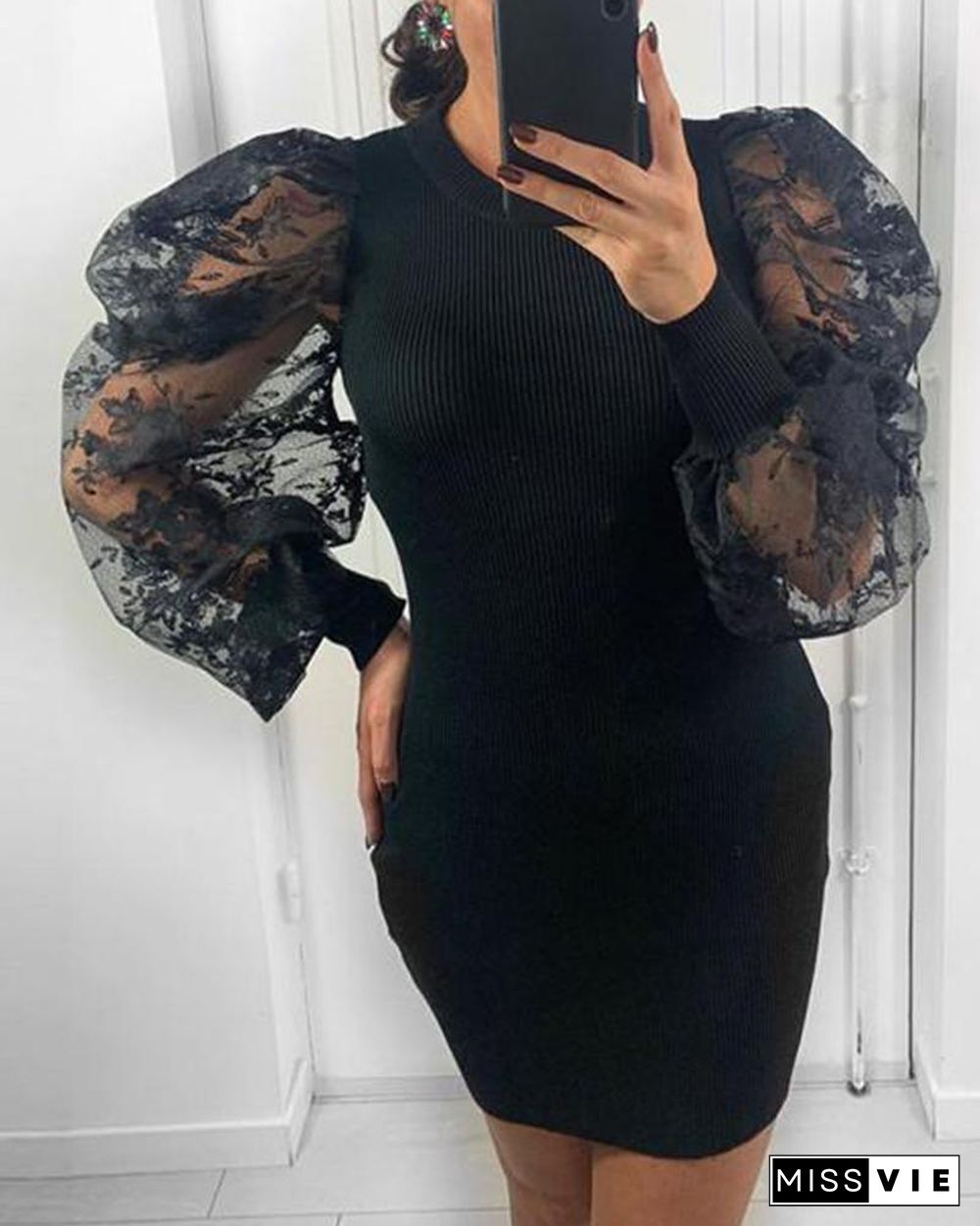 Mesh Sleeve Bodycon Rib Dress Black Dresses