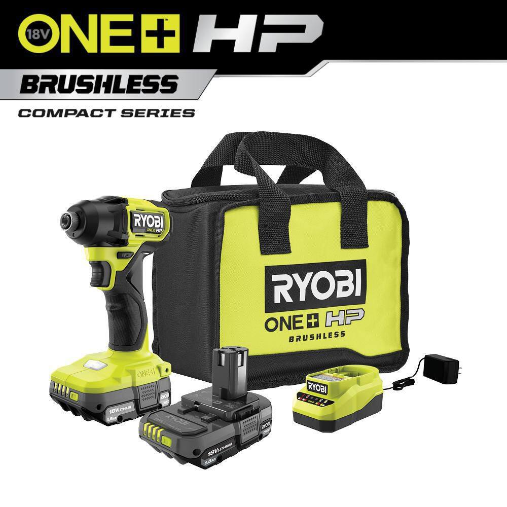 RYOBI ONE+ HP 18V Brushless Cordless Compact 14 in. Impact Driver Kit with (2) 1.5 Ah Batteries Charger and Bag PSBID01K