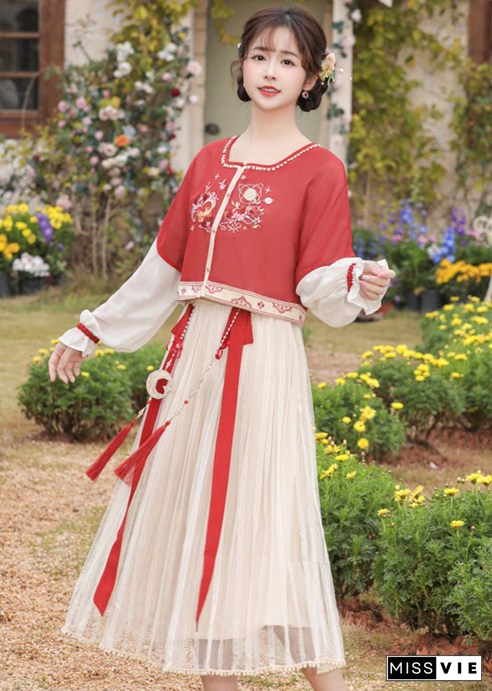 Chinese Style Red Embroideried Tops And Pleated Skirt Chiffon Two Pieces Set Long Sleeve