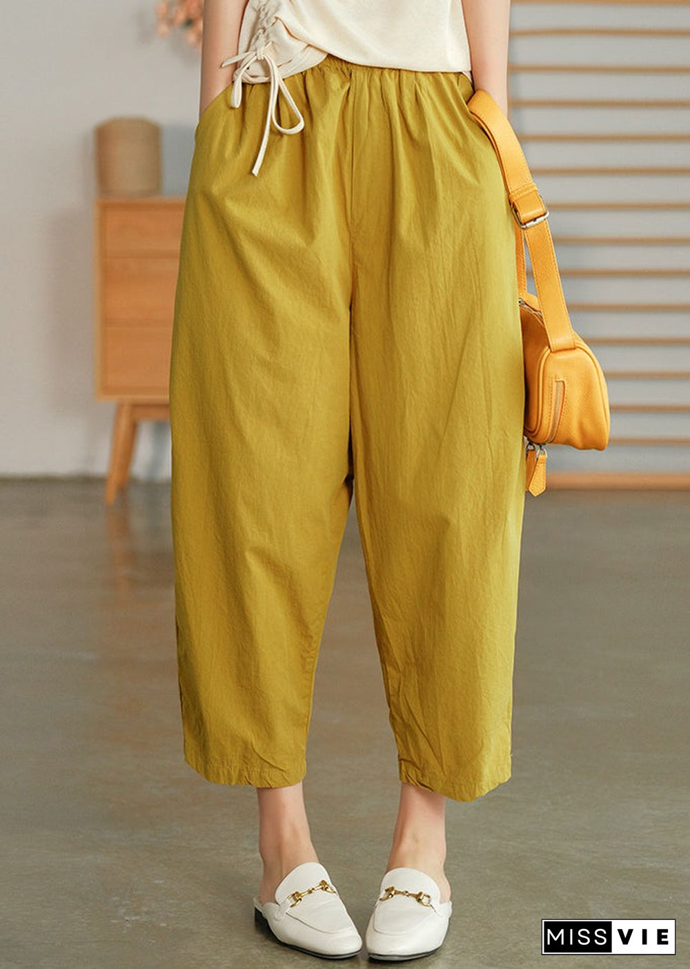 Plus Size Yellow elastic waist Pockets Pants Spring