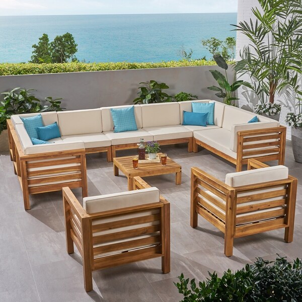 Oana Outdoor 11 Seater Acacia Wood Sectional Sofa and Club Chair Set by Christopher Knight Home