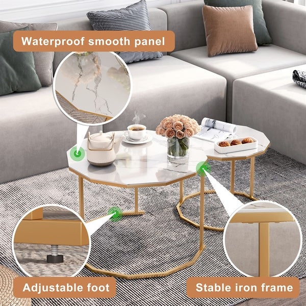 Nesting Coffee Table Modern Center Table Waterproof Side Table with White Artificial Marble Top End Table with Metal Frame