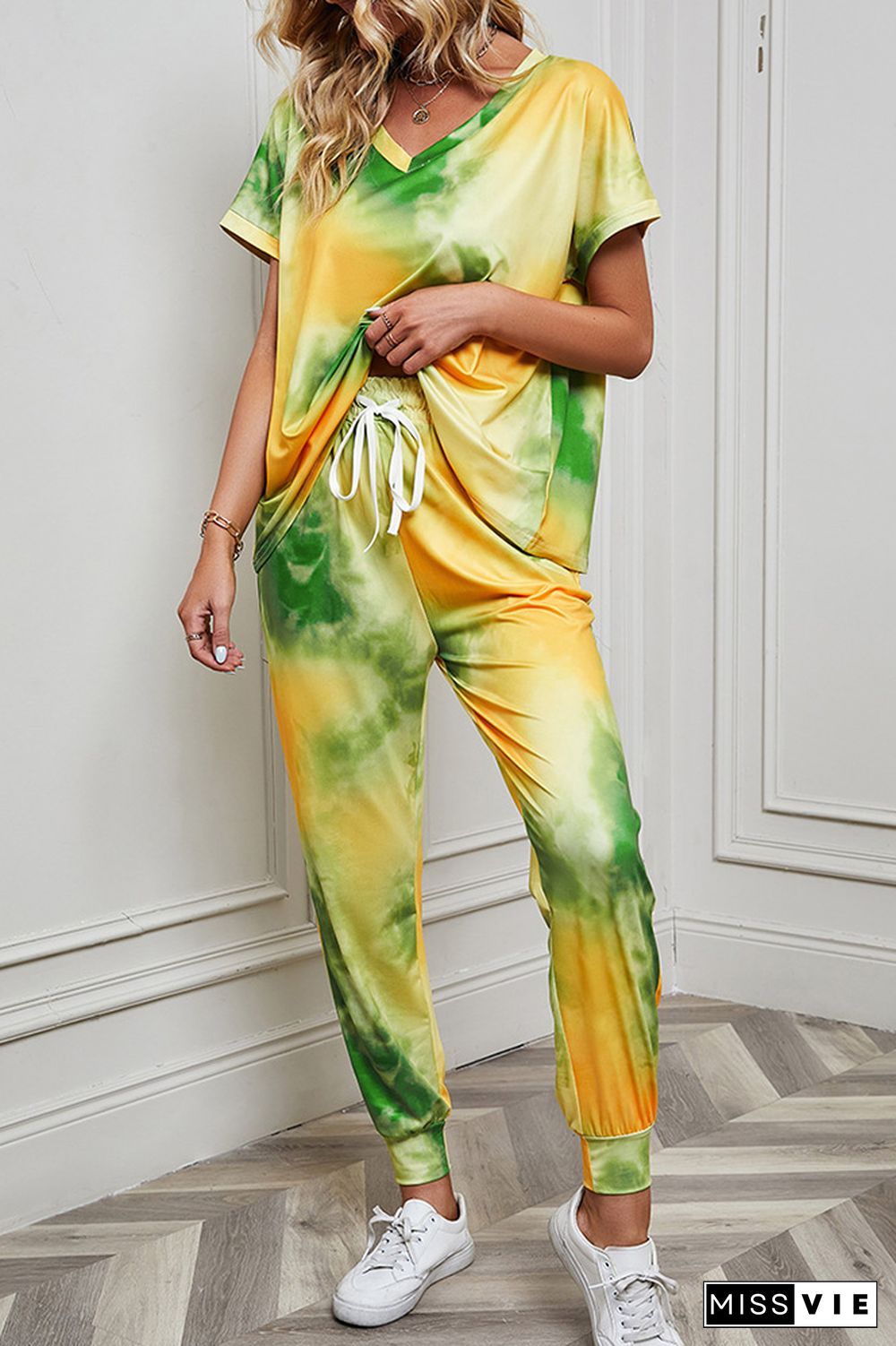 Tie Dye Short Sleeve Top and Drawstring Pants Two Pieces Set