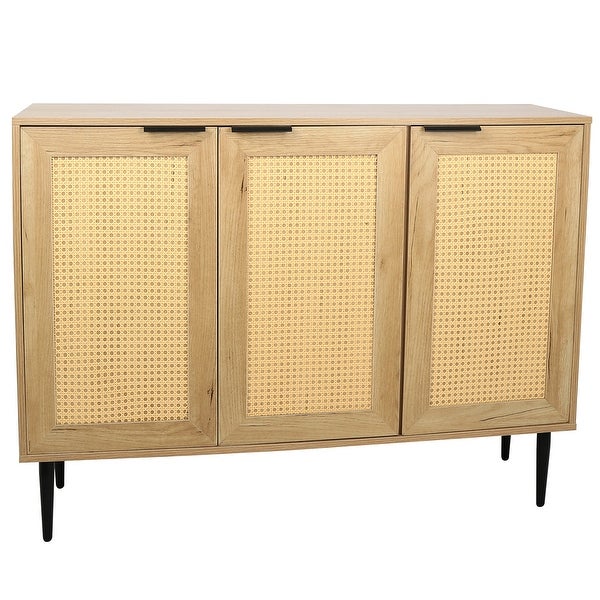 Wooden Kitchen Storage Cabinet with 3 Rattan Doors and Metal Legs