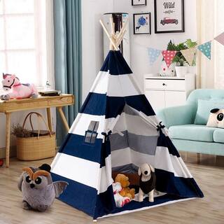 Ejoy 48 in. x 48 in. x 72 in. Natural Cotton Canvas Teepee Tent for Kids Indoor and Outdoor Playing Teepee_4PoleLargeBLUE