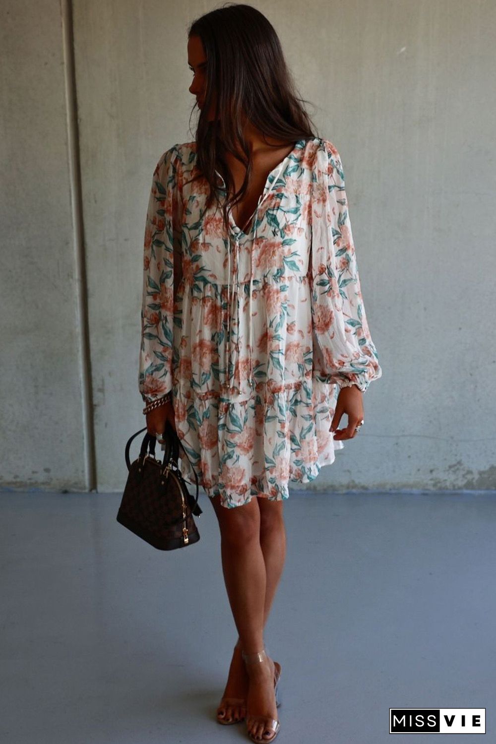 White Loose Bubble Sleeves Floral Print Dress