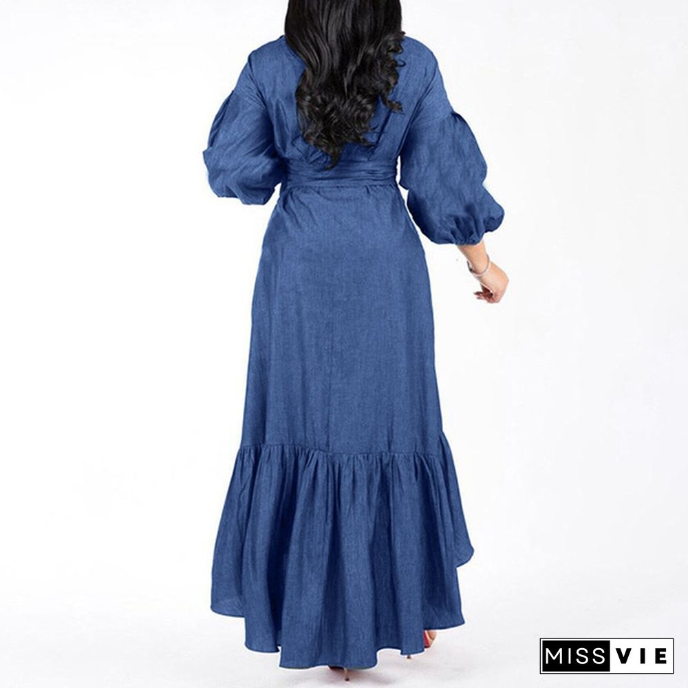 Women's Fashion Puff Sleeve Deep V Neck Tunic Denim Ruffled Dress Irregular Hem Elegant Party Long Dresses Vestidos S-5XL