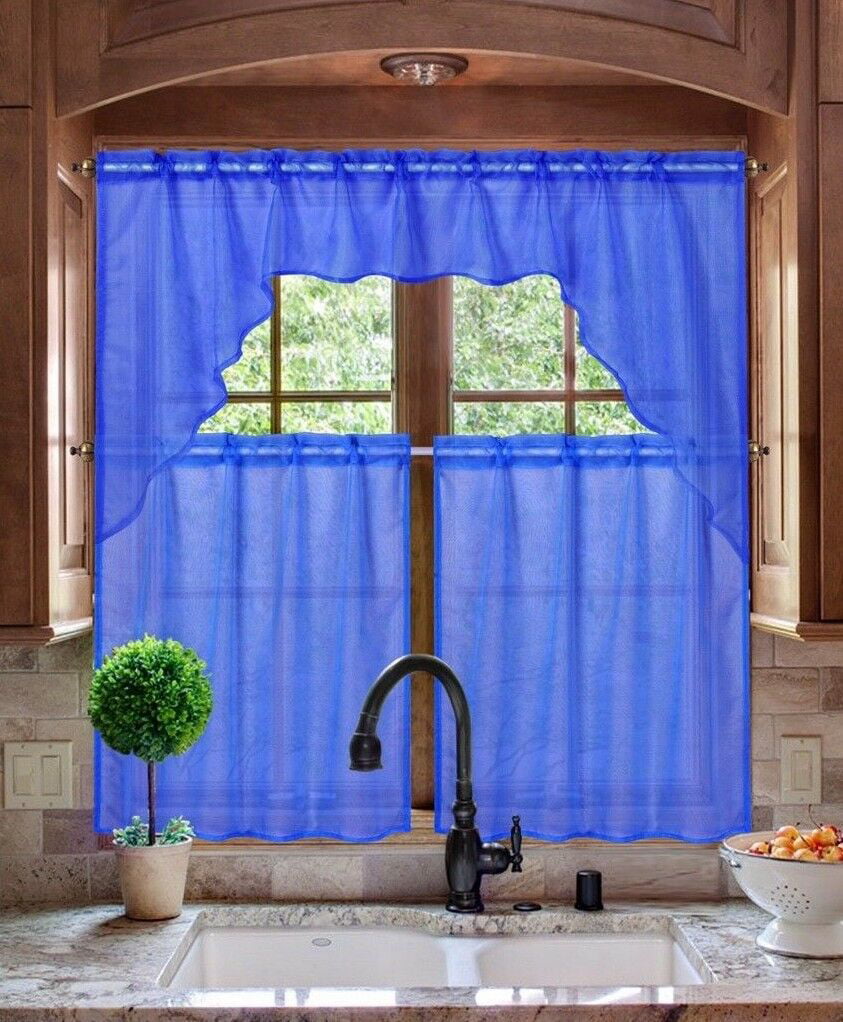 K66 NAVY BLUE 3-PC Luxurious Sheer Organza Kitchen Rod Pocket Window Curtain Treatment Set, Beautiful Solid Tier Panels with Matching Swag Valance