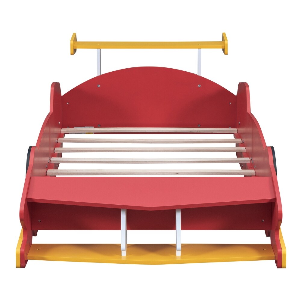 Red Twin Size Playhouse Race Car Shaped Bed w/ Hidden Storage Footboard and Wheel  Platform Storages Bed  No Box Spring Needed