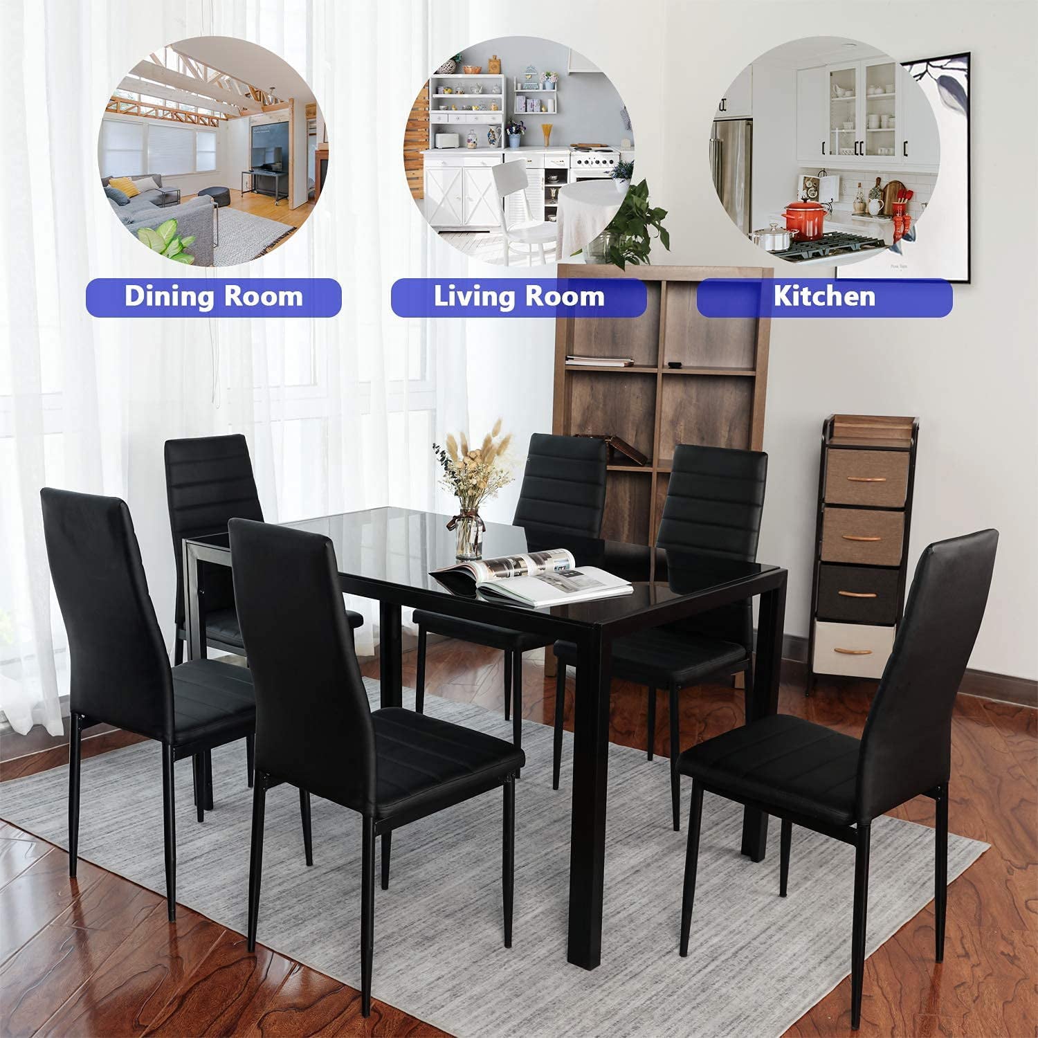 HOMFY 7 Piece Kitchen Dining Table Set for 6, Glass Tabletop Dining Table and 6 Faux Leather Chairs