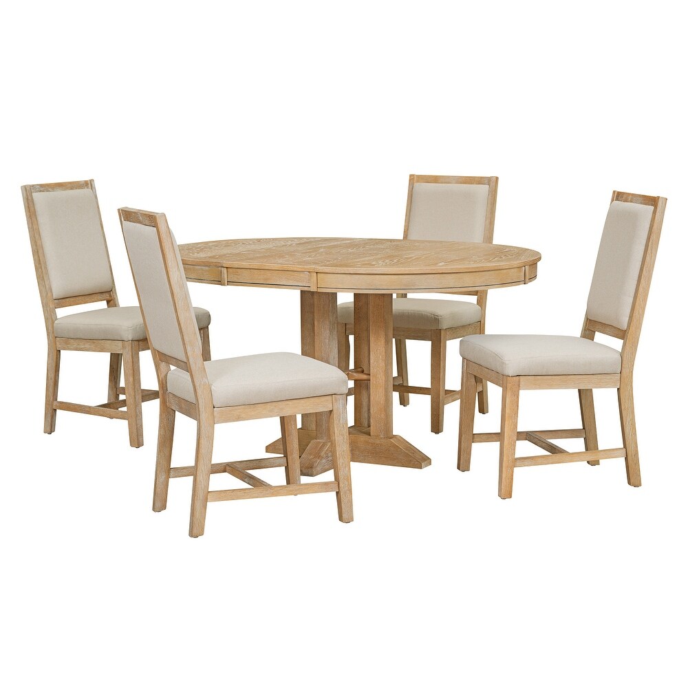 5 Piece Dining Set Extendable Round Table and 4 Upholstered Chairs