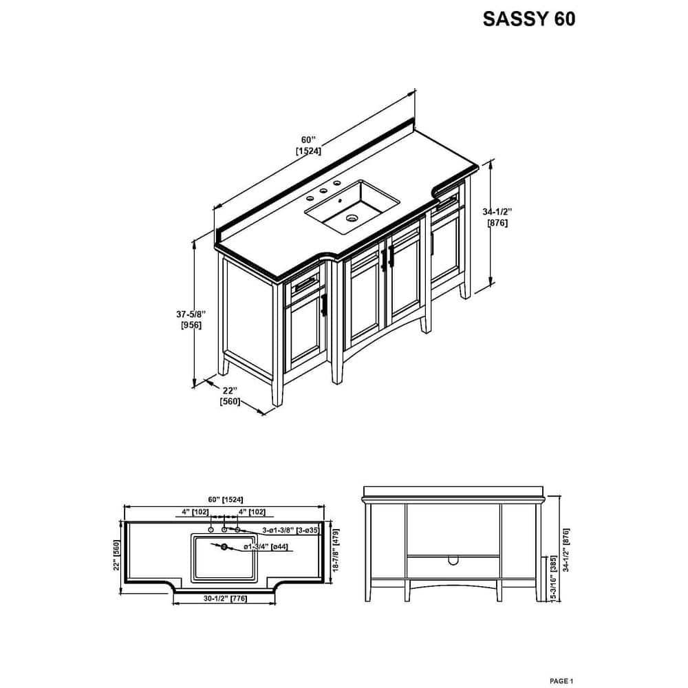 Home Decorators Collection Sassy 60 in W x 22 in D Vanity in Dark Charcoal with Marble Vanity Top in White with White Sink