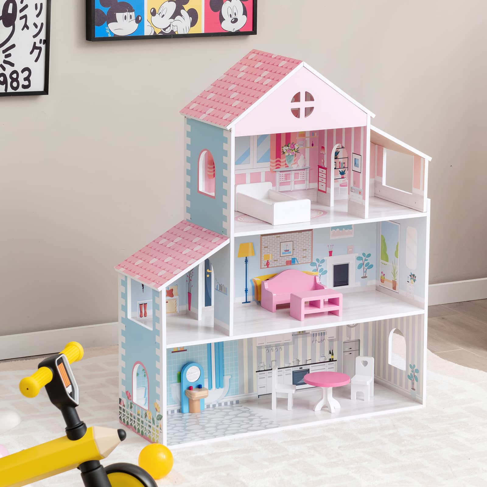 Costzon Wooden Dollhouse, 3-Story Pretend Play Doll House with Living Room Bedroom