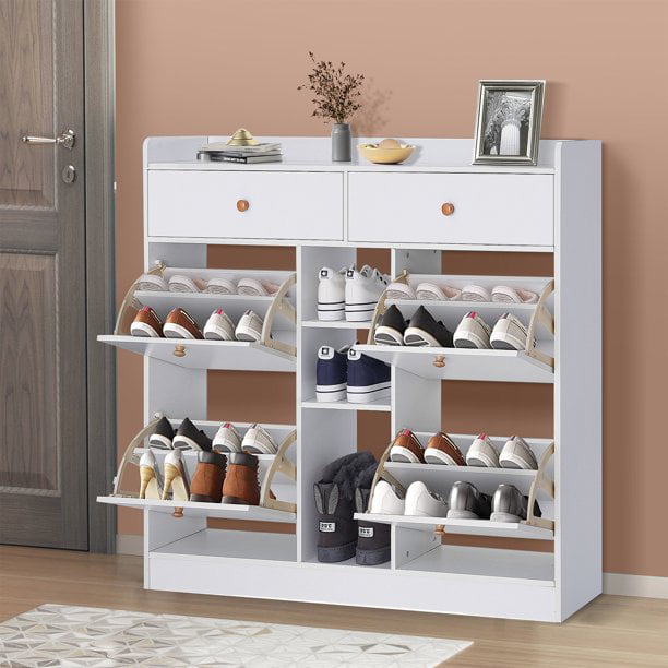 NAIYUFA Shoe Rack，Modern White Large Capacity 19 pairs Shoe Cabinet with 2 drawers for Entryway ，Bedroom， Hallway