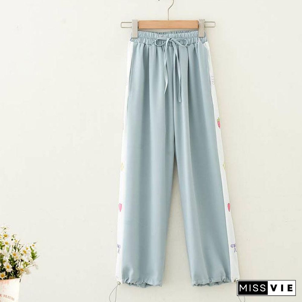 Bear Embroidery Chiffon High Waist Pants