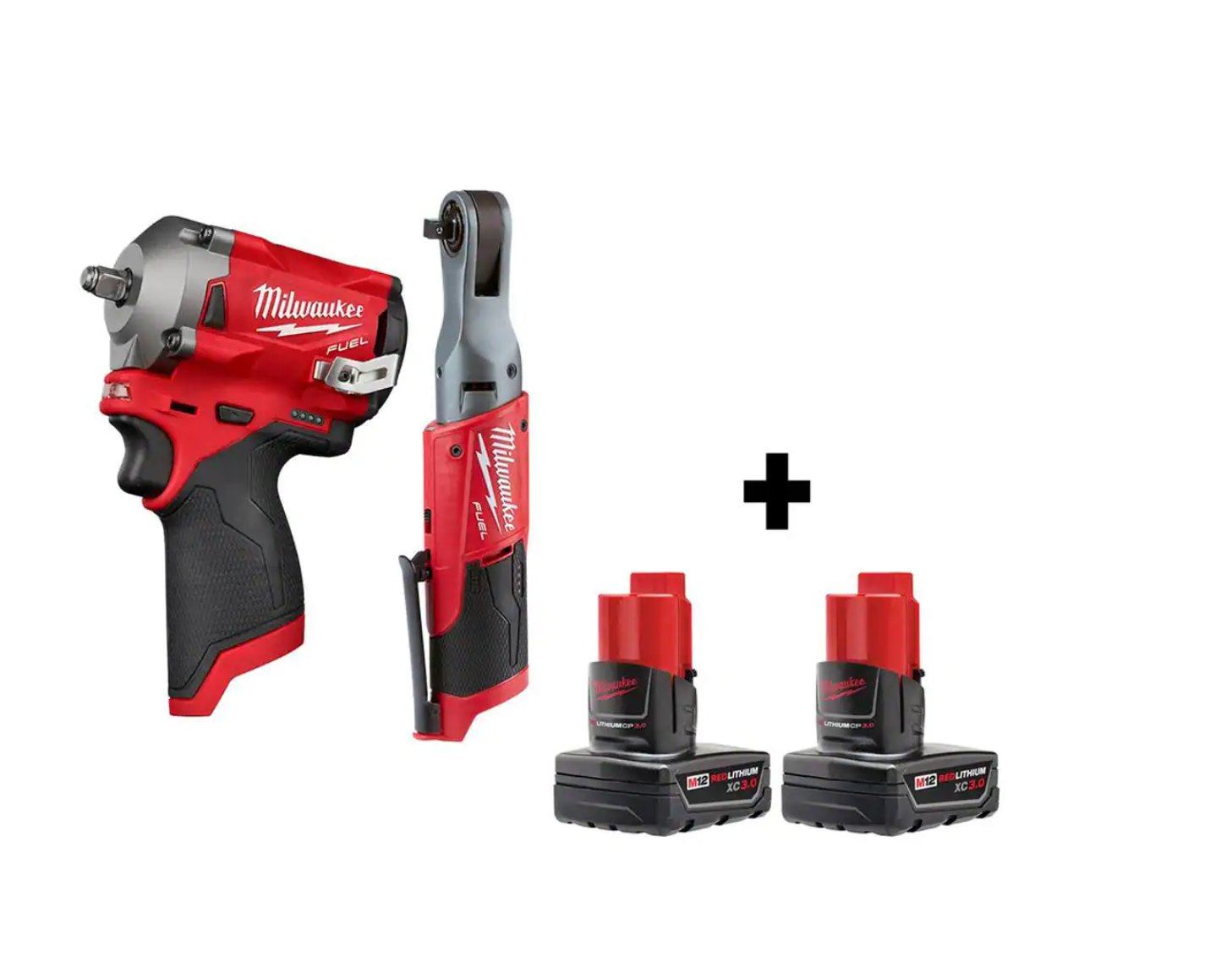 Milwaukee 2554-20-2557-20-48-11-2412 M12 FUEL 12V Lithium-Ion Brushless Cordless Stubby 3/8 in. Impact Wrench and 3/8 in. Ratchet with two 3.0 Ah Batteries