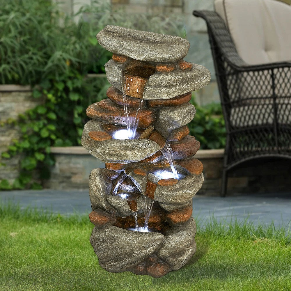 Watnature 4-Tier Rock Water Fountain with LED Lights - Outdoor Water Fountains Cascading Floor Water Feature Art Decor for Garden， Pation， Deck， Porch