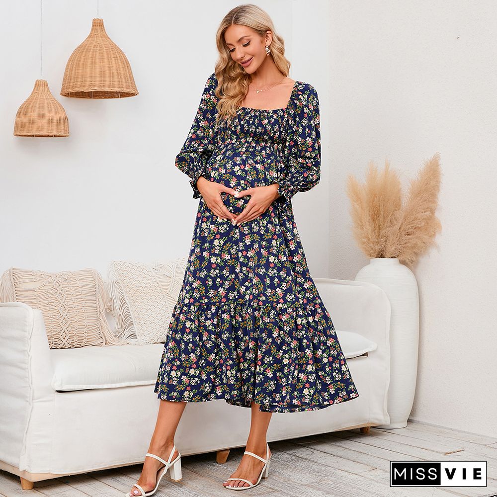 Elegant Floral Print Dresses Women Summer Dresses New Folds Loose High Waist Full Flare Sleeve Ruffled A-line Dress