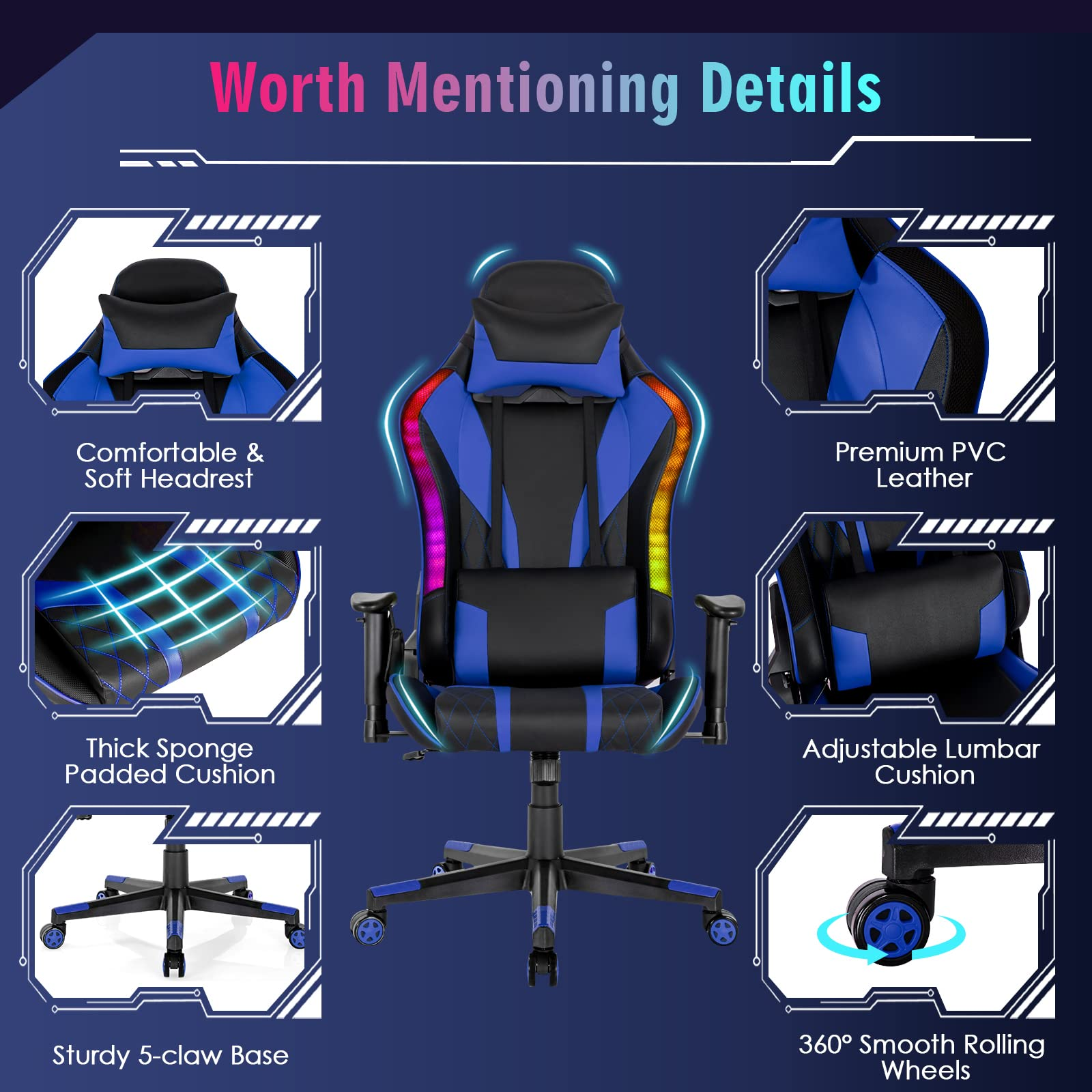 Giantex Gaming Chair with RGB LED Lights, Ergonomic Video Game Chair