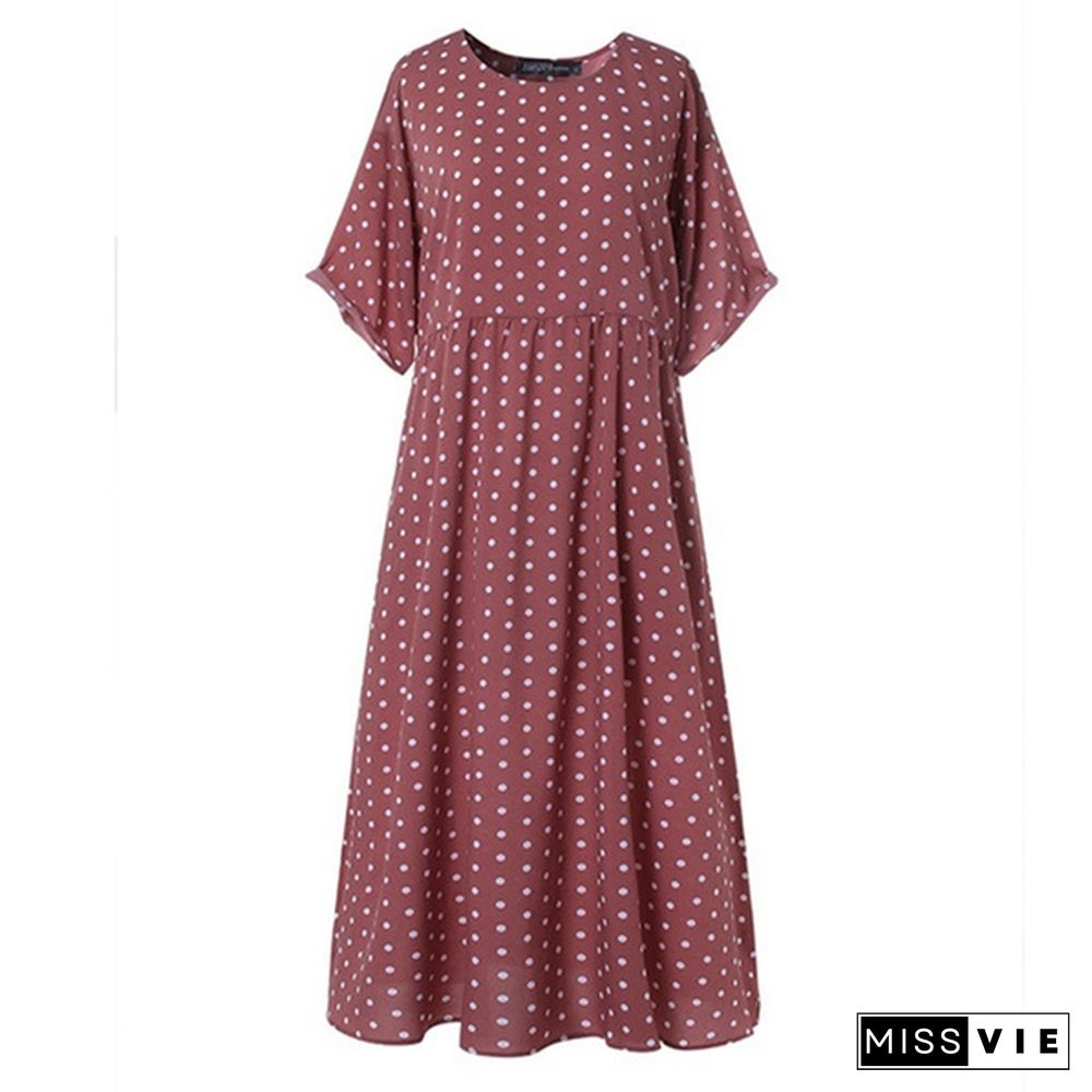 Women Summer Retro Polka Dot Printed Long Dress Casual Loose O-neck Short Sleeve Tunic Dress Maxi Dress Vestidos S-5XL