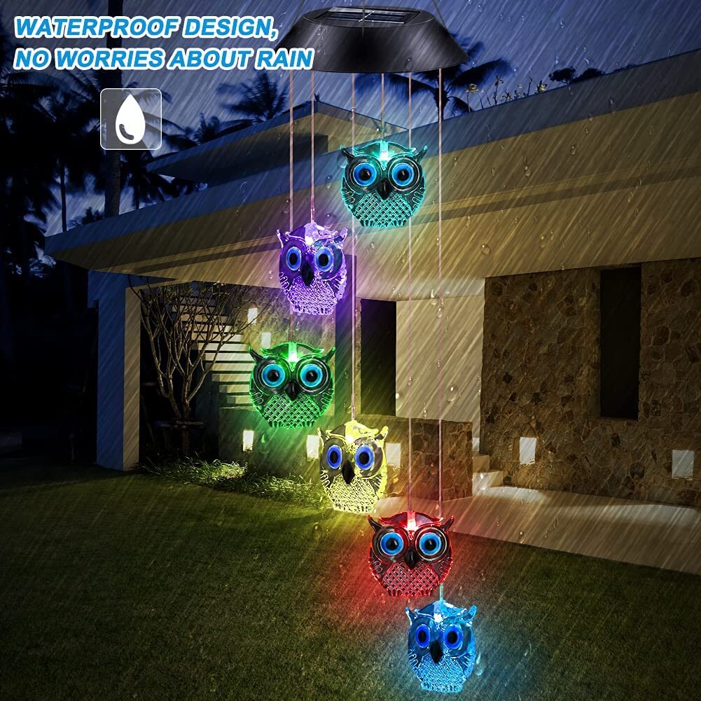 Welltop Solar Wind Chimes， Owl LED Solar Powered Wind Chimes Lamp Color Changing Waterproof Garden Chimes with Hook for Outdoor Indoor Patio Yard