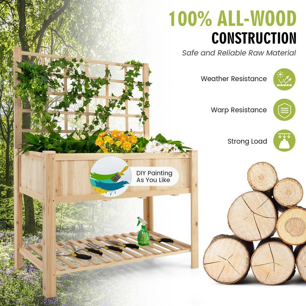 HONEY JOY 48 in. x 23 in. x 63 in. Wood Raised Garden Bed with Trellis Elevated Planter Box with Bed Liner Bottom Storage Shelf TOPB006552