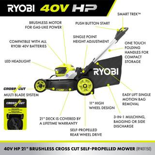 RYOBI 40V HP Brushless 21 in. Cordless Battery Walk Behind Dual-Blade Self-Propelled Mower with (2) 6.0 Ah Batteries  Charger RY401150