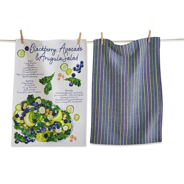 Tagltd Set Of 2 Berry Salad Receipe With Coordinating Blue Stripe Cotton Kitchen Dishtowels 26l X 18w In Set In Crate For Gift Giving