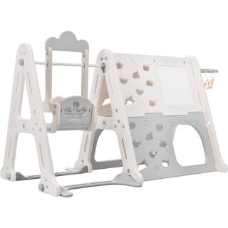 6-in-1 Gray HDPE Playset with Tunnel Climber Whiteboard Toy Building Block Baseplates Basketball Hoop LN20232358