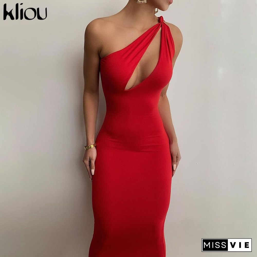 Kliou Cut Out Sexy Midnight Clubwear Maxi Dresses Solid One Shoulder Birthday Outfit For Women Slim Bodycon Party Dress