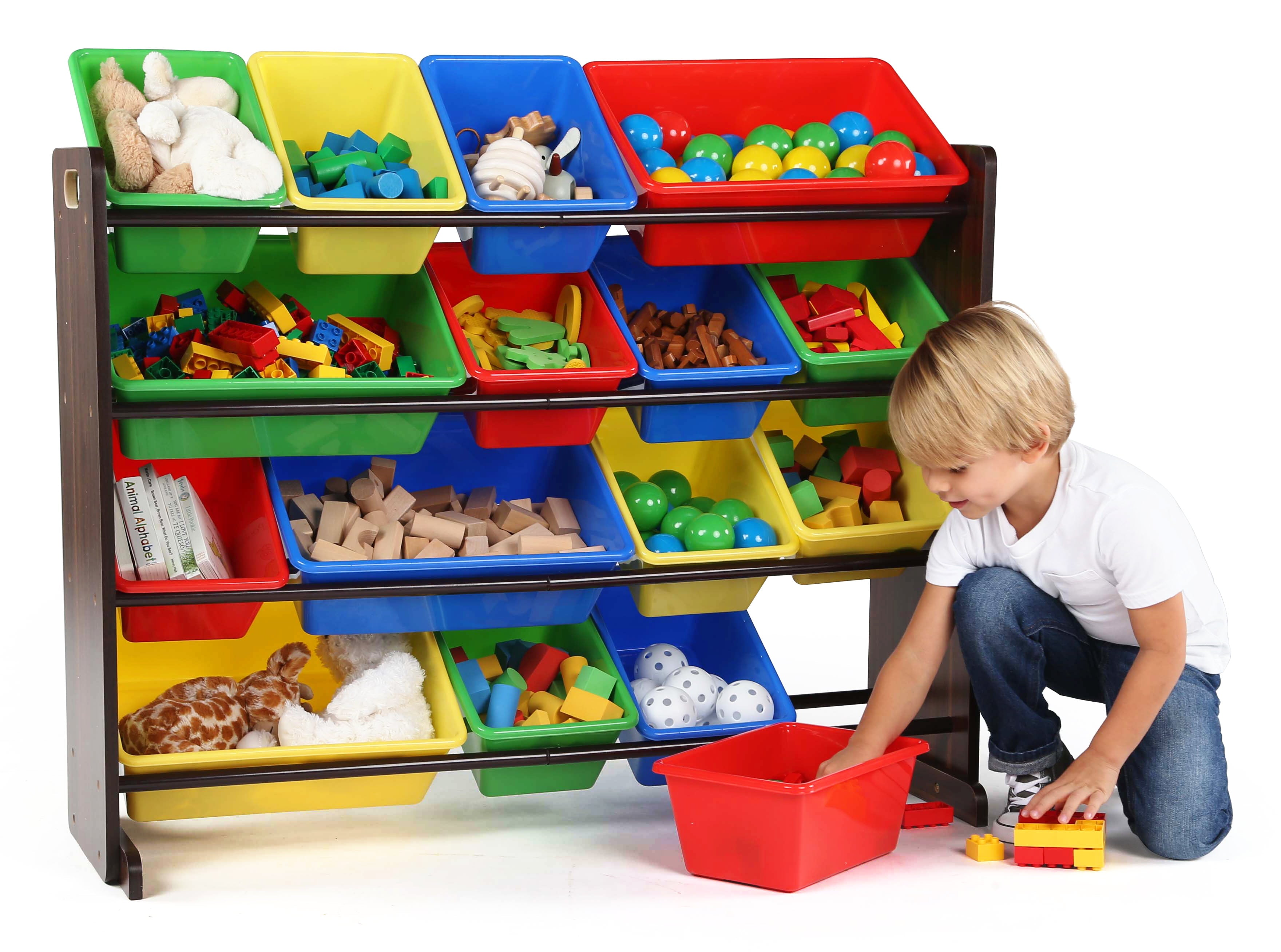 Humble Crew Dark Walnut Kids Toy Storage Organizer with 16 Multi Colored Plastic Storage Bins