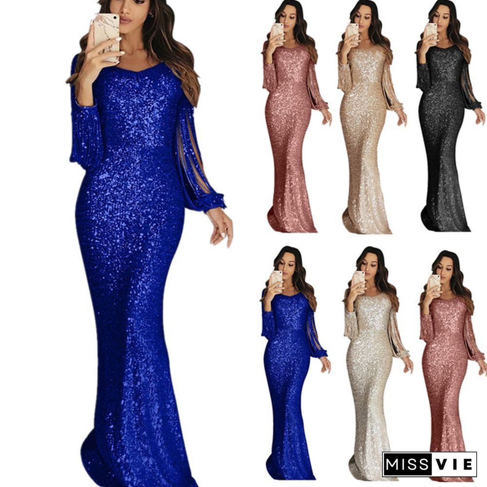 Luxurious Round Neck Bling Prom Dress Long Sleeve Tassel Charming Sequins Mermaid Evening Dress Party Dress Stage Performance Clothing