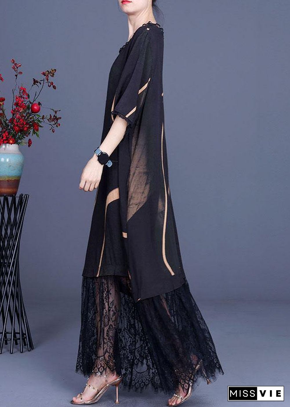 Natural Black Silk Print Patchwork Lace Vacation Dresses Summer