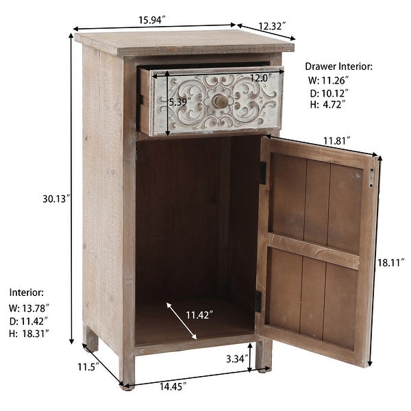 Distressed Floral Carved Wood 1-Door and 1-Drawer End Table with Storage - 30.13