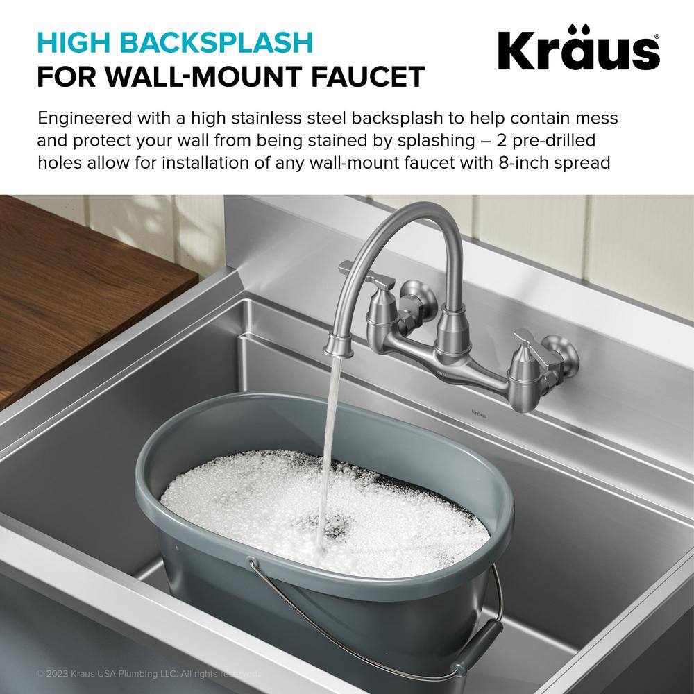 KRAUS Kore 32 in. W 18-Gauge Workstation Stainless Steel Single Bowl Commercial Utility Laundry Sink for Wall Mount Faucet KWS100-32