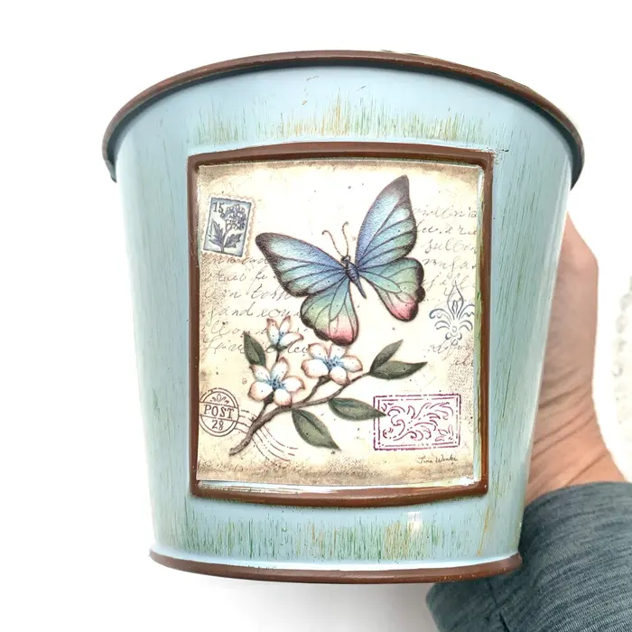 Adorable  Blue Painted Metal Flower Pot With Butterfly Distressed Small Bucket Tabletop Pencil Utensil Holder